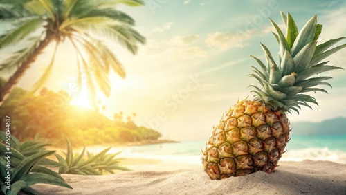 A ripe pineapple on a sandy beach in bright sunlight