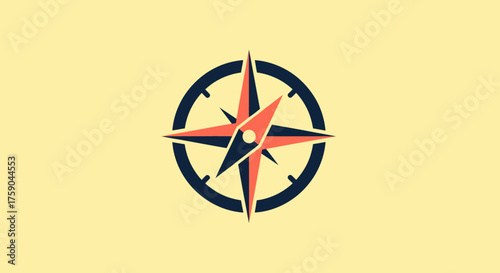 A compass rose icon with pointed arms in red and dark blue, set against a soft yellow background