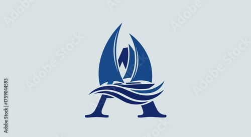 Blue letter 'A' filled with sailboats and ocean waves
