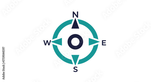 Compass graphic teal circle, dark arrows & cardinal directions