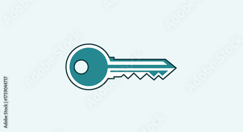 A teal, stylized key with dark trim, on a light background