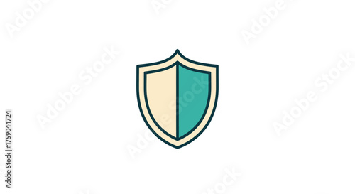 Shield icon, split into beige and teal halves, outlined in black