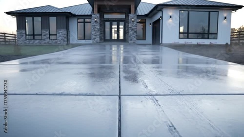 Dynamic Low-Angle Tracking Shot Over a Steaming, Newly Poured Concrete Driveway of a Modern House.