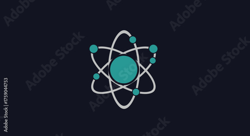 Atom model icon, teal center, gray orbits, dark backdrop
