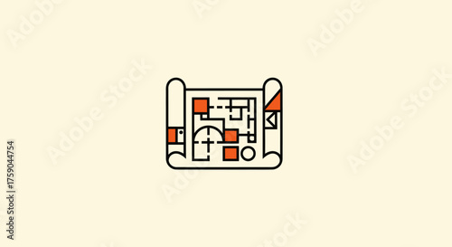 Blueprint scroll icon black outline, orange blocks, white plan