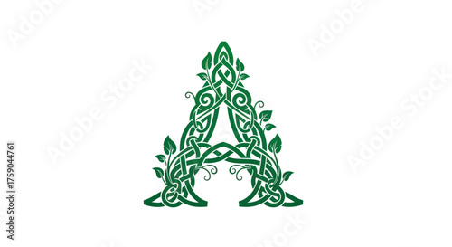 Ornamental green "A" with Celtic knot design and leaves, isolated on white