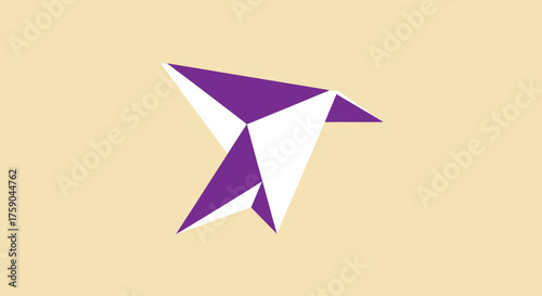 Geometric origami bird, white and purple, on beige background. Minimalist, modern style