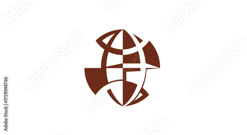 Brown abstract globe-like shape; segmented geometric design on white