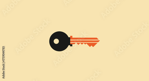 Simple flat key icon with round black head and orange teeth against a beige background