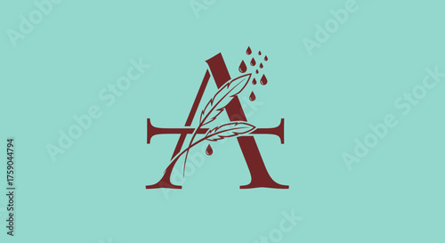 Letter A design with feathers and drops