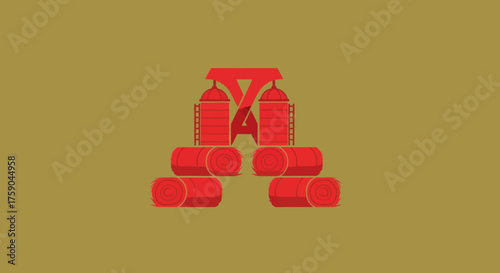 Rural scene featuring red hay bales, silos and machinery on a gold background