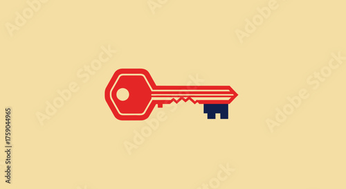 A stylized key with red shaft & blue teeth, on a tan background