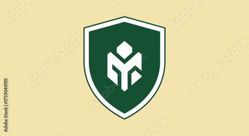 Green shield with white abstract emblem on beige background