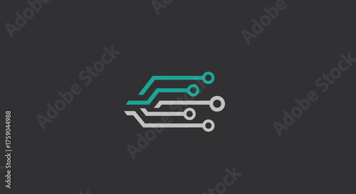Circuitry abstract teal and gray lines with circles on dark gray