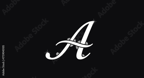 White cursive "A" with starbursts on black