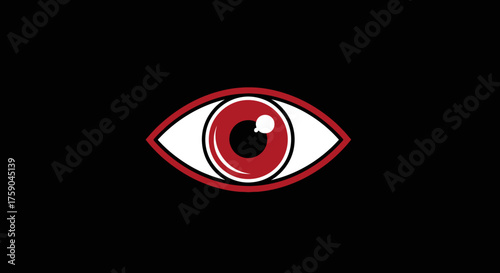 Stylized eye icon in white and red, on stark black background