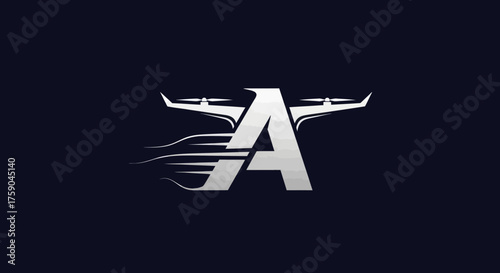 Silver letter A transformed with drone shape and speed lines