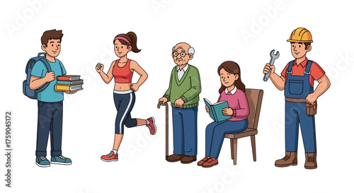 Vector  illustration showing a student, runner, senior, reader, and construction worker standing together