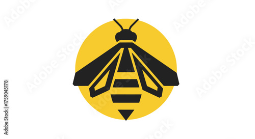 Stylized black bee silhouette over a yellow circle on white