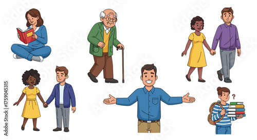 Vector  illustration showcasing diverse individuals engaged in various activities and interactions shown here