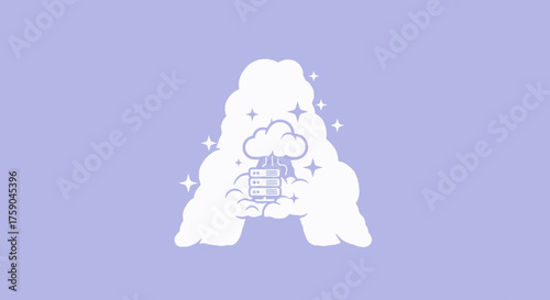 White cloud and server icon on a lavender background with star sparkles