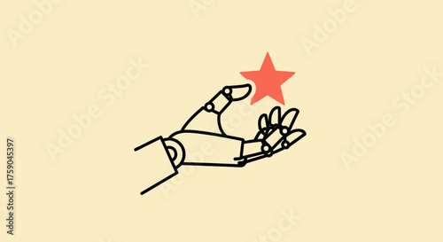 A robotic hand reaches for a red star