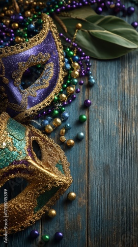 Glittering masquerade mask and colorful beads on wooden floor for Mardi Gras celebration concept. Festive decoration for Fat Tuesday or Carnival.