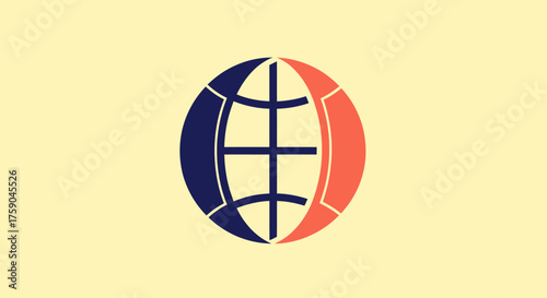 Simplified globe with grid, split dark blue and coral, on light yellow