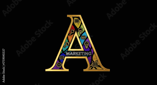 Ornate gold letter "A" filled with marketing icons on black