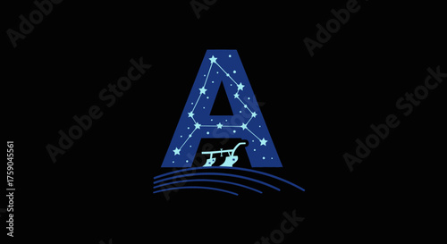 Stylized 'A' with constellation, plow, and waves on black