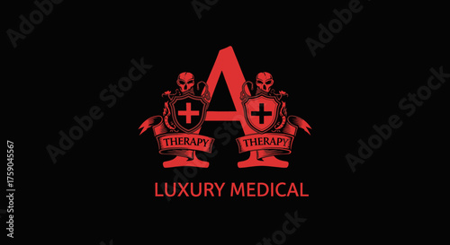 Red "A" logo with therapy shields, skulls, banners & "Luxury Medical" text on black background