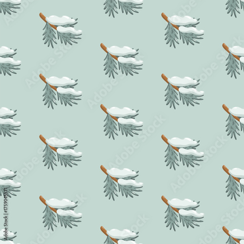 Seamless pattern with snowy pine branches on green mint background. Vector winter forest background. 