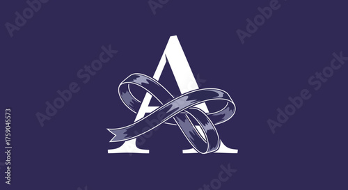 Letter "A" with winding ribbon, on violet background