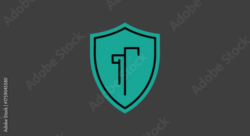 Teal shield emblem with black lines of offset 'T' shapes within