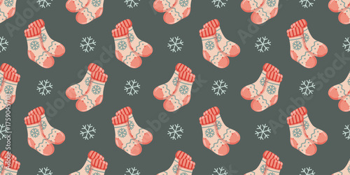 Seamless pattern with cartoon woolen socks and snowflakes. Winter Vector festive winter background. 