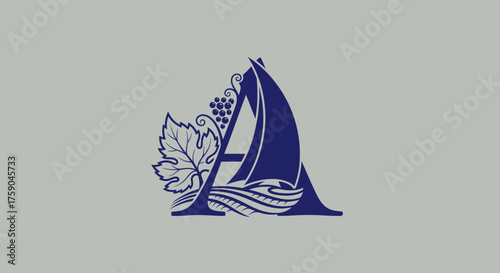 Letter A styled w/ grapes, leaf, waves in blue on grey