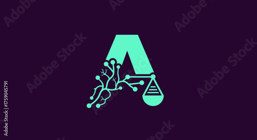Tech justice scale/tree meets letter 'A' on dark backdrop
