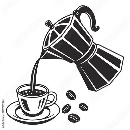 Espresso pouring from moka pot into cup with coffee beans