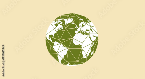 Geometric, olive globe, white continents on tan