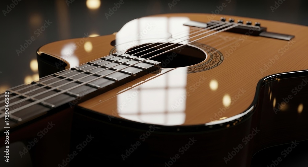Fototapeta premium Acoustic guitar close-up with selective focus and bokeh background