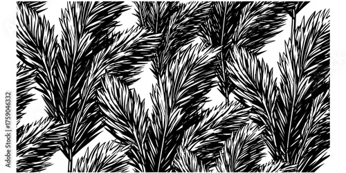 Pampas Grass Seamless Vector Pattern - Bold line, black and white high contrast tiled design of dry floral plumes for modern rustic and organic textures