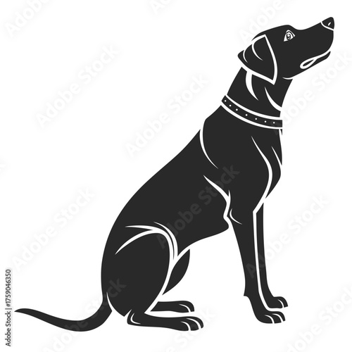 Stylized black silhouette of a sitting dog looking up