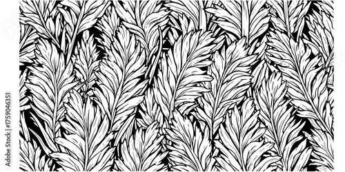 Pampas Grass Seamless Vector Pattern - Bold line, black and white high contrast tiled design of dry floral plumes for modern rustic and organic textures