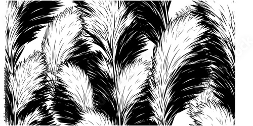 Pampas Grass Seamless Vector Pattern - Bold line, black and white high contrast tiled design of dry floral plumes for modern rustic and organic textures