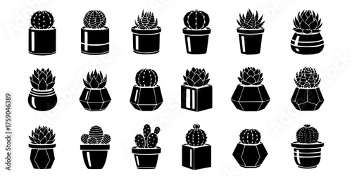 Potted Succulent Cactus Vector Icons - Bold line, flat black and white set of geometric houseplant icons for home decor, wellness, and digital design resources