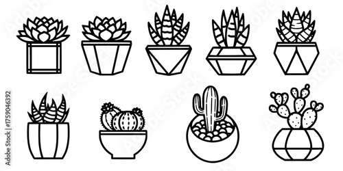 Potted Succulent Cactus Vector Icons - Bold line, flat black and white set of geometric houseplant icons for home decor, wellness, and digital design resources
