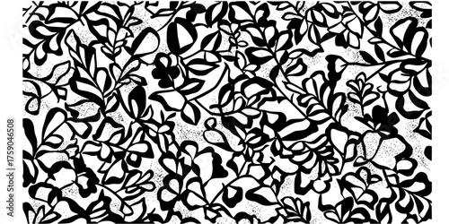 Refined Grit Botanical Pattern - Bold line, seamless black and white vector pattern of abstract plants with subtle grainy texture for edgy, tactile, and raw designs