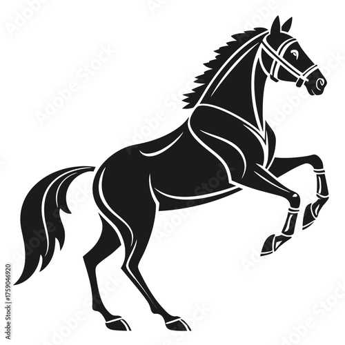 Stylized black horse rearing up in motion