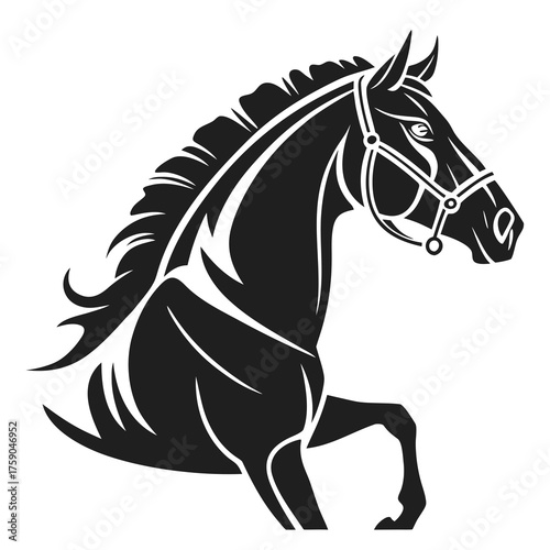 Stylized black horse silhouette with flowing mane and bridle