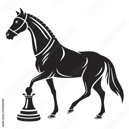 Stylized black horse standing on a chess pawn